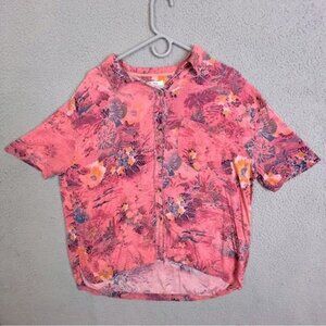 Floral Button-Front Short Sleeve Top - Pink